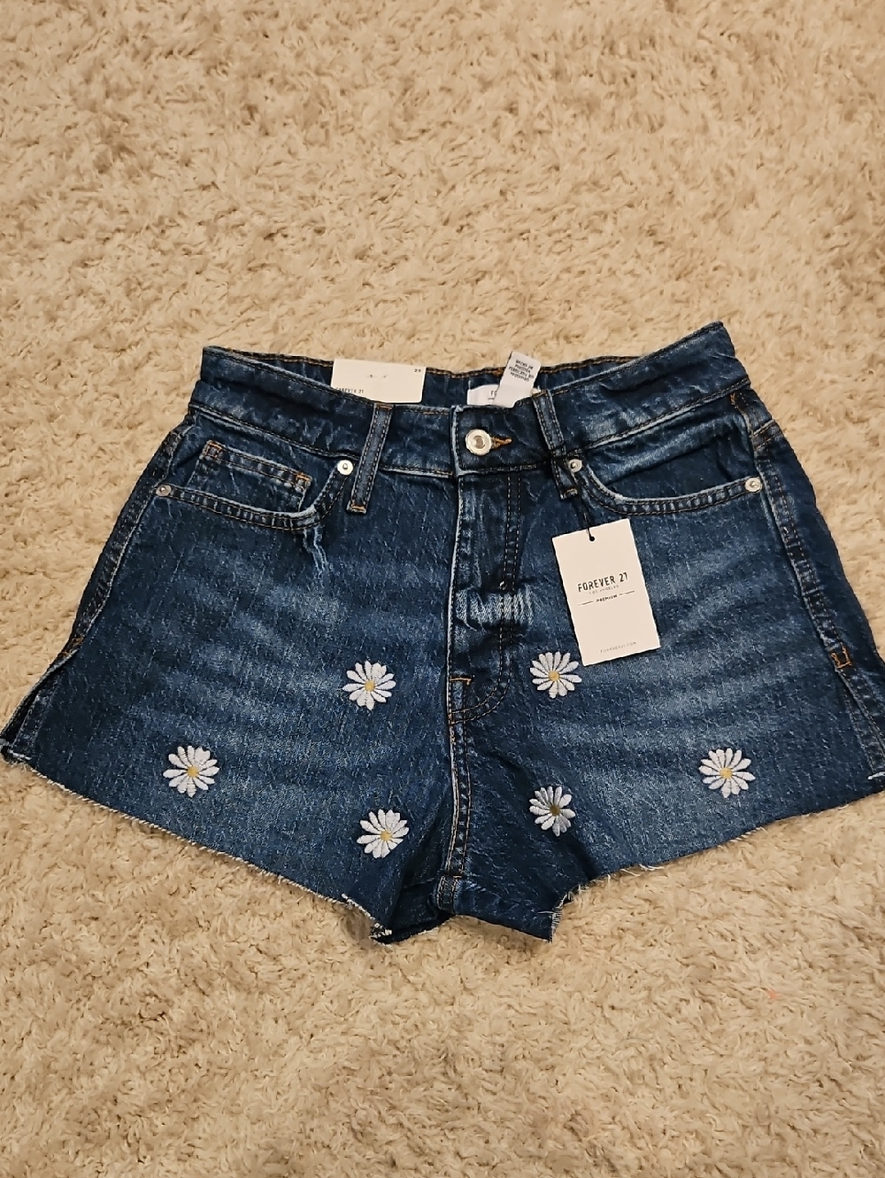 020p  Forever 21 Blue Denim Daisy Embroidered High-Waist Shorts